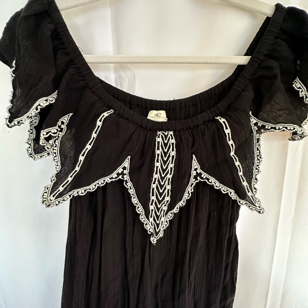 O'Neill Black and White Embroidered Off-Shoulder Jumpsuit